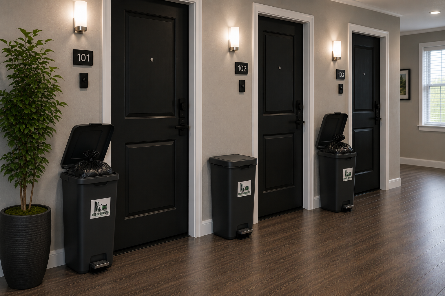 Door-To-Dumpster branded trash cans outside apartment doors 101, 102, 103 in hallway